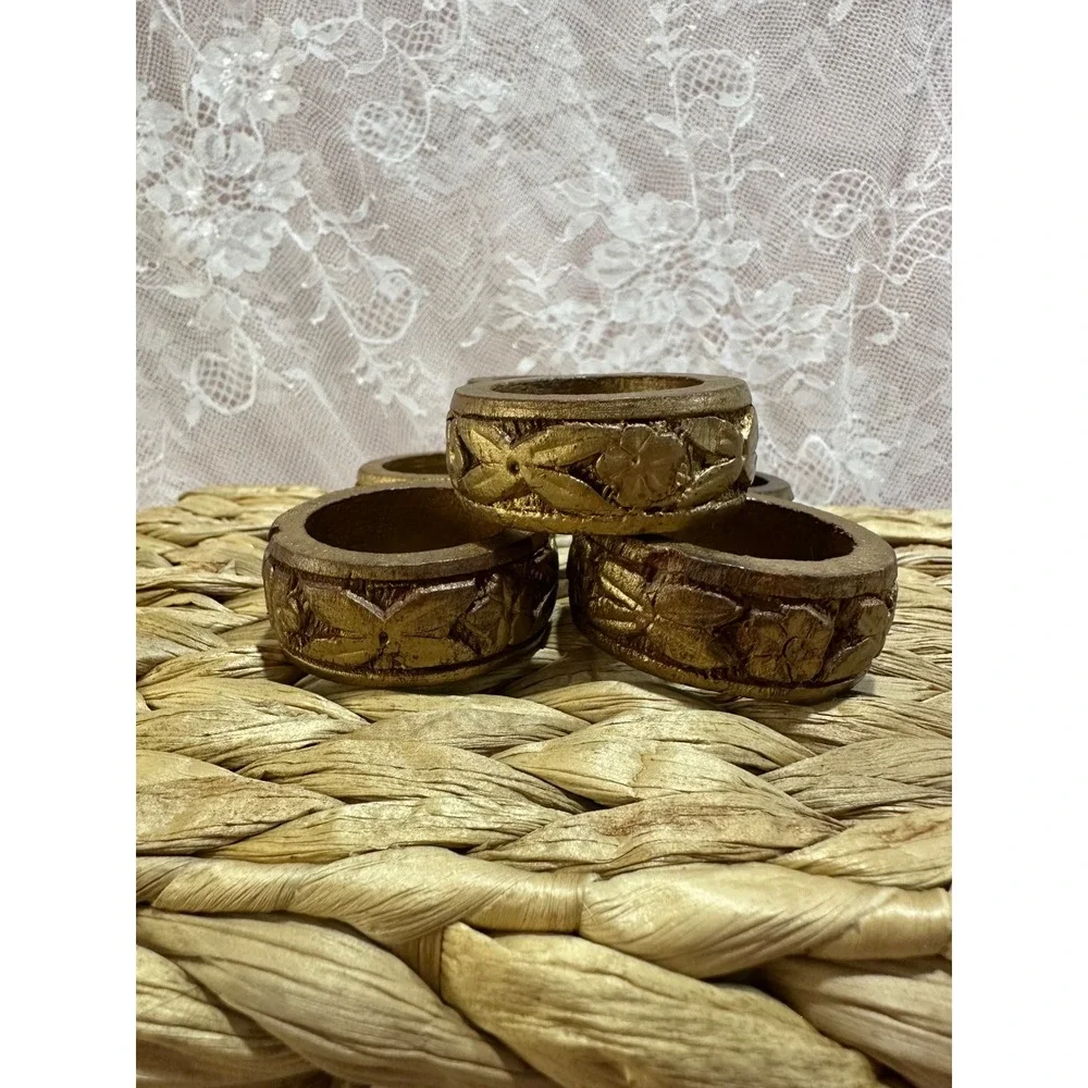 Set of 6 Vintage Hand Carved Gold Wooden Napkin Rings Floral Leaf Boho Decor